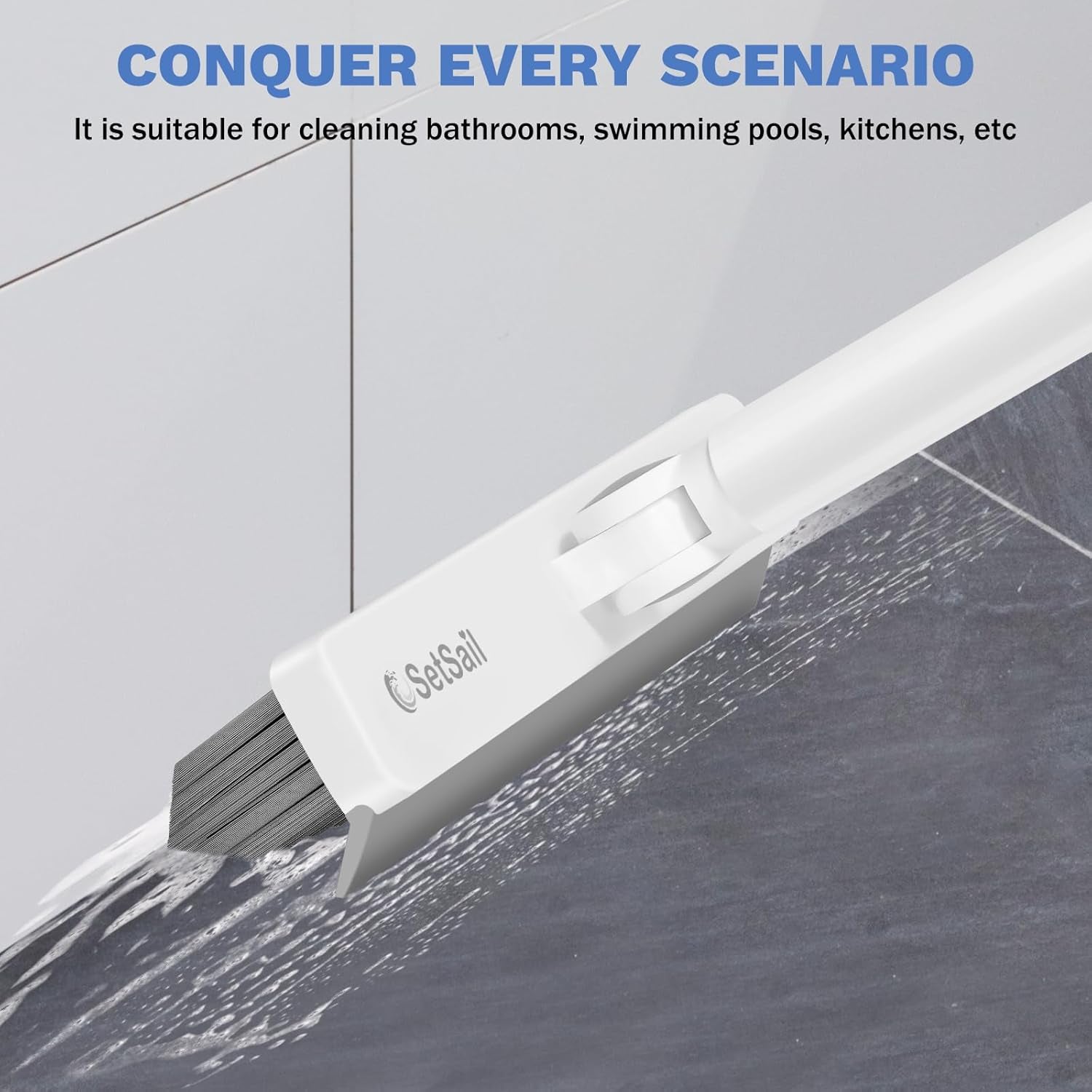 Grout Cleaner Brush with Long Handle, V-Shaped Floor Scrub Brush Swivel Grout Brush Stiff Bristle Floor Grout Scrubber for Bathroom, Tile Line, Crevice, Kitchen, Wall, Deck, Garage, White Grey