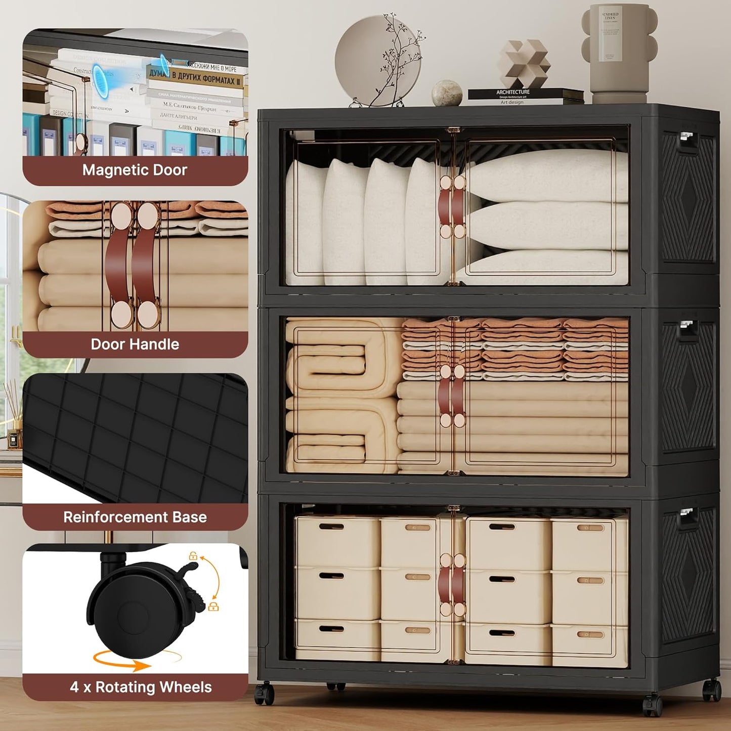 284QT Extra Large Stackable Storage Bins with Lids & Wheels & Door, 71Gal Foldable Collapsible Closet Organizers, Plastic Containers Drawers for Bedroom Dorm