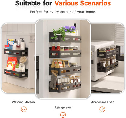 4 Pack Strong Magnetic Spice Rack for Refrigerator, Multipurpose Magnetic Shelf for Fridge with 4 Hooks for Kitchen and Bathroom Organization, Black