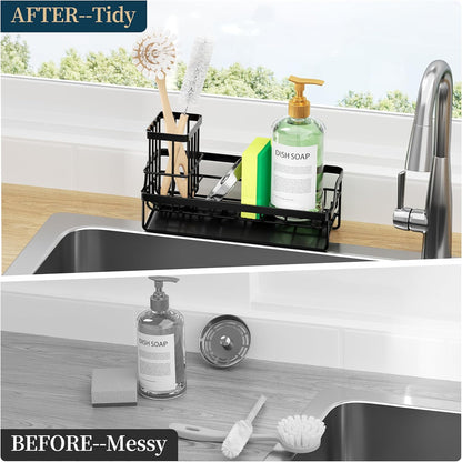 Sponge Holder for Kitchen Sink - Sink Caddy with Stainless Steel Self Drain Tray, Sink Organizer with High Brush Holder Countertop for Kitchen Sink Accessories, Black